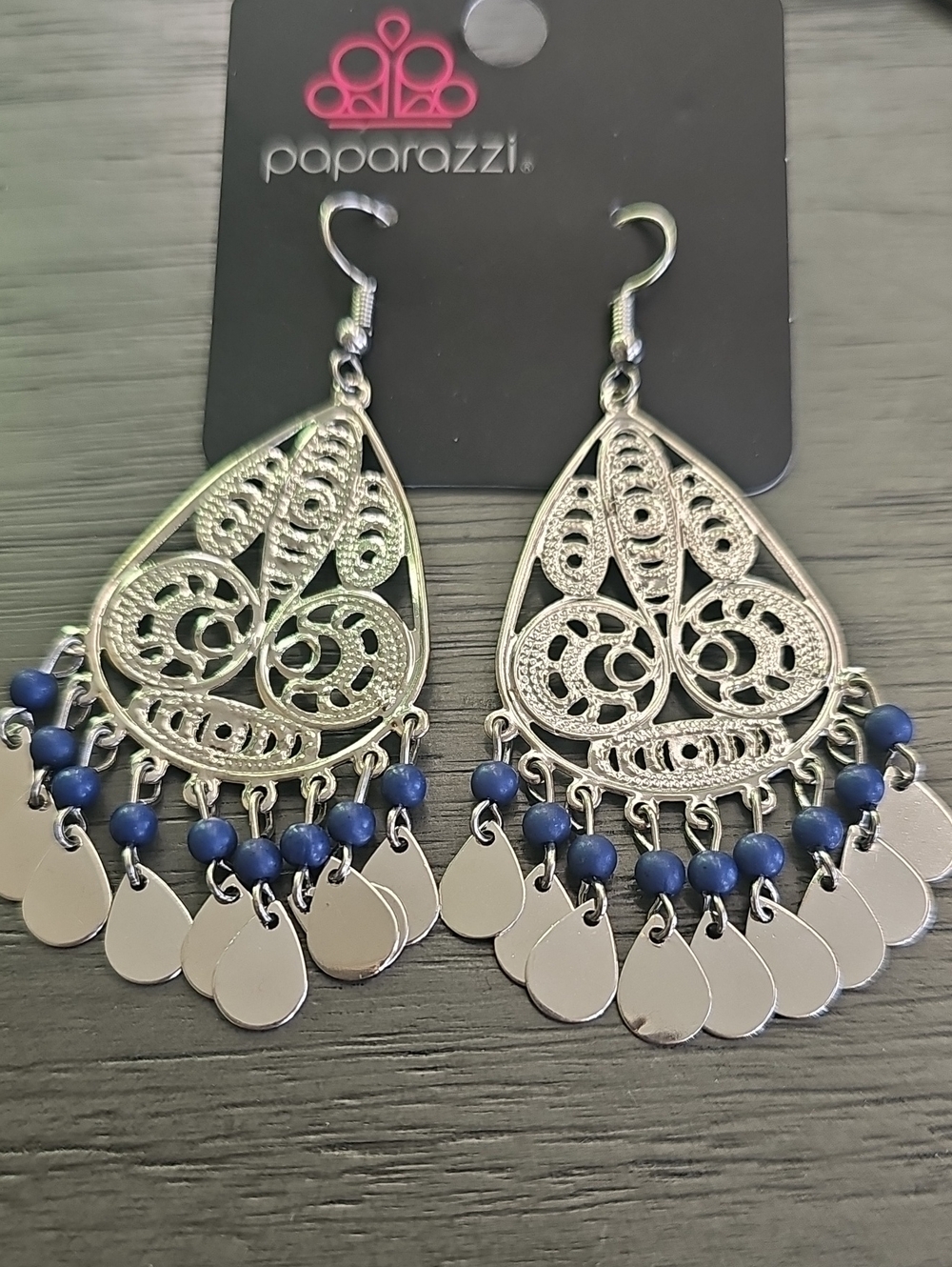 paparazzi Silver Teardrop Filigree Earrings with Blue Beads